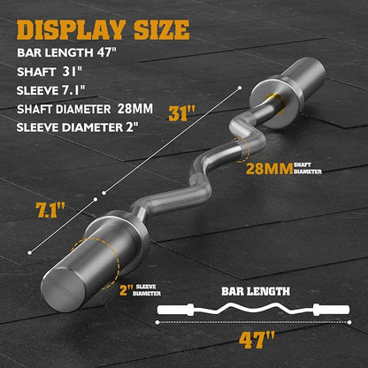 FEIERDUN Olympic EZ Curl Bar - 47" Weightlifting (390LBS Capacity), 2-Inch Weight