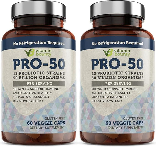 Vitamin Bounty Pro-50 Probiotic - 50 Billion Organisms and 13 Probiotic Strains that Promote Gut Health, Digestive Health Probiotic, Delayed Release Capsule with Prebiotic Greens - 60 Capsules, 2 Pack