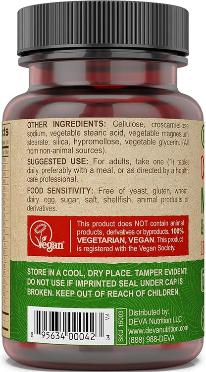 DEVA Tiny Tablets Vegan Multivitamins for Women & Men, Multivitamin Iron Free, Mineral Supplement, Vitamin C, Vitamin B Complex, Vitamin B12, Vitamin E, Zinc, Gluten Free (2 Pack - 90 Tablets Ea)