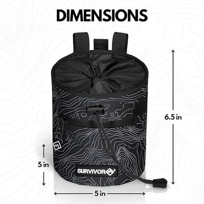 SURVIVOR Chalk Bag - Iconic Topographical Map, Draw String Closure, 2 Zippered Pockets, & Brush Holder - Chalk Bag for Rock Climbing, Bouldering, Weightlifting, Gymnastics & More