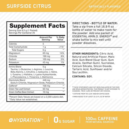 Optimum Nutrition Amino Energy Plus Hydration Packets, On-The-Go Energy Powder Stick Packs, Surfside Citrus, 25 Count