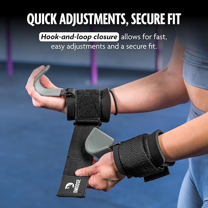 DMoose Fitness Weight Lifting Hooks (Pair) for Deadlifts, Pull Ups & Shrugs - 500 Lbs Capacity, Thick Wrist Padding - Heavy Duty Gym Workout Grips Straps for Men and Women
