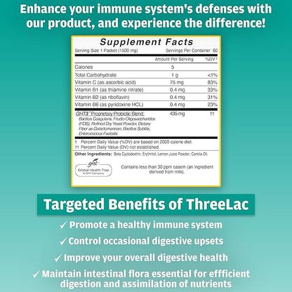 ThreeLac Lemon Probiotic Drink Mix for Digestive Health - Advanced Probiotic Powder Formula for Men, Women, and Kids - Immune Support & Gut Balance, Non-GMO - 120 Packets