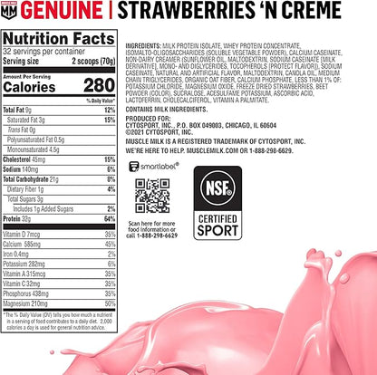 Muscle Milk Genuine Protein Powder, Strawberries 'N Crème, 32g Protein, 4.94 Pound