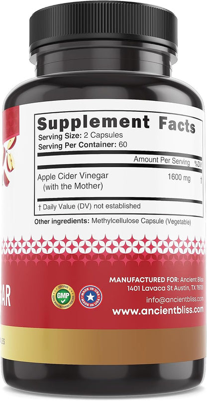 Ancient Bliss Apple Cider Vinegar Organic Capsules with The Mother, Helps Improve Digestion, Unfiltered Vinegar Capsules, 1600MG (120 Capsules)