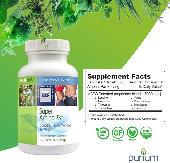 Purium Super Amino 23 (2 Pack) - 150 Vegan Tablets - BCAA & Essential Amino Acid Dietary Supplement, Pre Workout, Recovery Aid, May Help Build Muscle - Gluten Free - 60 Total Servings