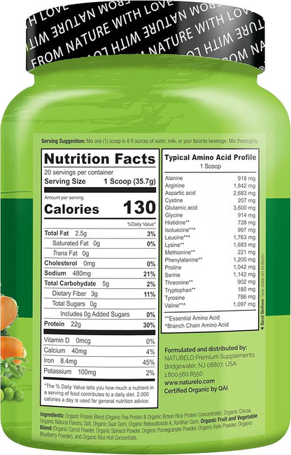 NATURELO Plant Protein Powder, Chocolate, 22g Protein - Non-GMO, Vegan, No Gluten, Dairy, or Soy - No Artificial Flavors, Synthetic Coloring, Preservatives, or Additives - 20 Servings