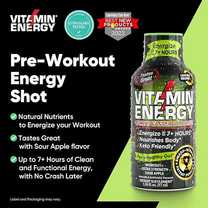 Vitamin Energy Pre Workout Drink - Keto Friendly Sugar Free Shots | Natural Clean Green Tea Caffeine with Proprietary Endurance Blend | Energize up to 7+ Hours - Sour Apple - 1.93 Fl Oz (Pack of 12)