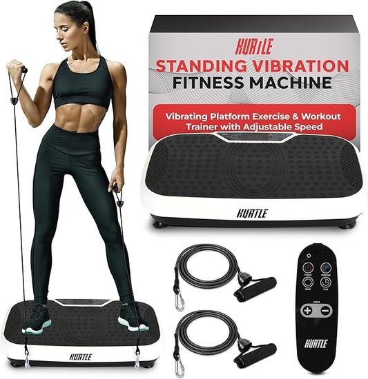 Hurtle Fitness Vibration Platform Machine - Home Gym Whole Body Shaker Exercise Machine Workout Trainer Fast Weight Loss w/Resistance Bands Easy Carry Wheel Remote Adjustable Speed
