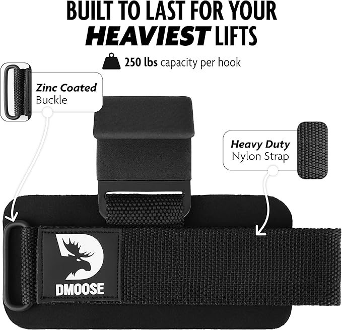 DMoose Fitness Weight Lifting Hooks (Pair) for Deadlifts, Pull Ups & Shrugs - 500 Lbs Capacity, Thick Wrist Padding - Heavy Duty Gym Workout Grips Straps for Men and Women