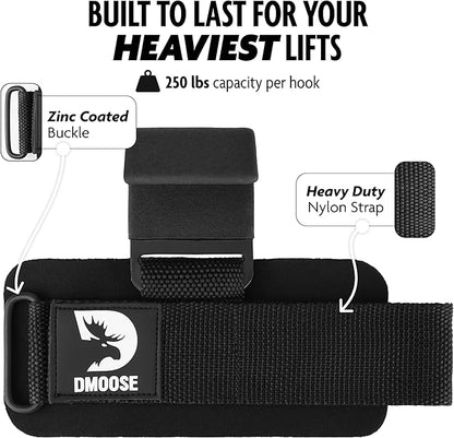 DMoose Fitness Weight Lifting Hooks (Pair) for Deadlifts, Pull Ups & Shrugs - 500 Lbs Capacity, Thick Wrist Padding - Heavy Duty Gym Workout Grips Straps for Men and Women