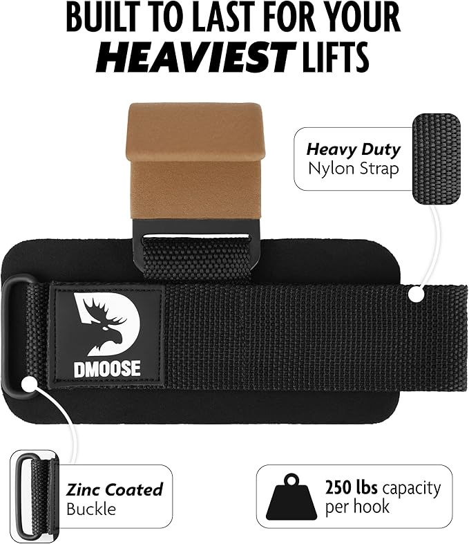DMoose Fitness Weight Lifting Hooks for Men & Women (Pair) - 8 mm Thick Wrist Padding - Weight Grips for Powerlifting, Shrugs, Rows & Deadlift Support - Gym Lifting Straps with Pull Up Hooks