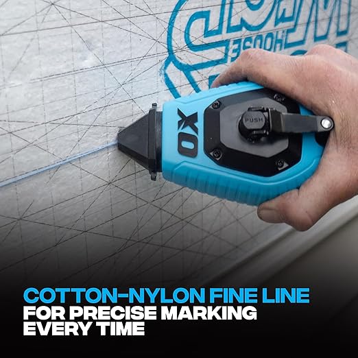 OX Pro 100ft Contractor Chalk Line with Blue Chalk Powder 4oz - Quick-Wind Cotton Nylon Basic Bold Line Marking Tool in Pointed Tip ABS Plastic - 3:1 Gear Ratio Chalk Reel Tool OX-T630601