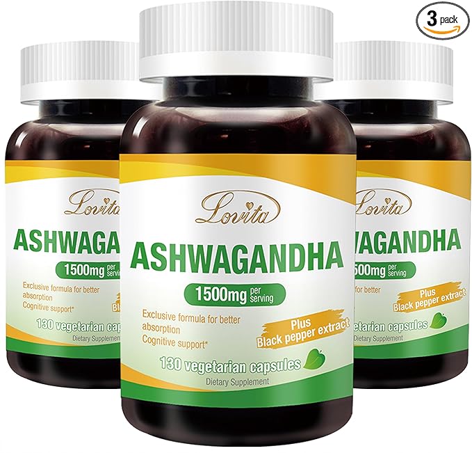 Lovita KSM-66 Ashwagandha | Highly Concentrated 22,500mg Equivalent | 5% Withanolide | 95% Black Pepper Piperine | Stress Relief & Energy Support | Vegan, Gluten Free | 130 Capsules (Pack of 3)