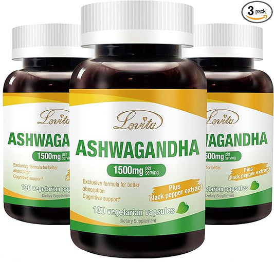 Lovita KSM-66 Ashwagandha | Highly Concentrated 22,500mg Equivalent | 5% Withanolide | 95% Black Pepper Piperine | Stress Relief & Energy Support | Vegan, Gluten Free | 130 Capsules (Pack of 3)