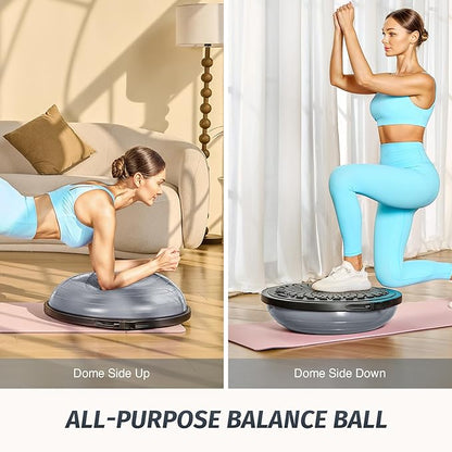 ZELUS 25in. Balance Ball | 660lb Inflatable Half Exercise Ball Wobble Board Balance Trainer w Nonslip Base | Half Yoga Ball Strength Training Equipment w 2 Bands, Pump, Extra Ball Included