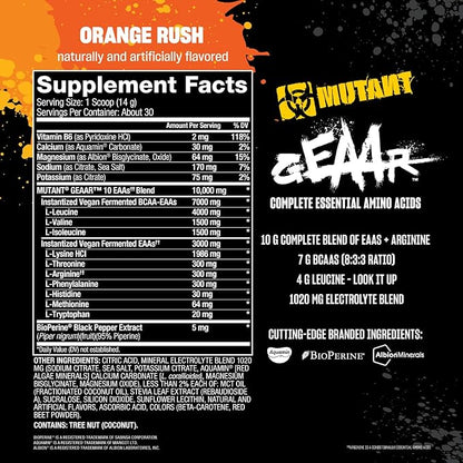 Mutant GEAAR - 9.4g of EAA Powder + Arginine, 7g BCAAs, 4g Leucine, Electrolytes, Coconut Water, 30 Servings (Orange Rush)