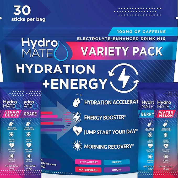 HydroMATE Electrolytes Powder Drink Mix Packets Hydration Accelerator Low Sugar Party Favors for Rapid Recovery Vitamin C Plus Caffeine Variety Pack 30 Count