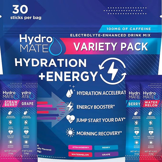 HydroMATE Electrolytes Powder Drink Mix Packets Hydration Accelerator Low Sugar Party Favors for Rapid Recovery Vitamin C Plus Caffeine Variety Pack 30 Count
