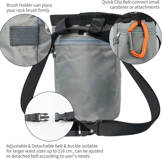 Chalk Bag for Rock Climbing, Chalk Bag with Zippered Pocket,Climbing Chalk Bag,Side Drawstring Closure for Rock Climbing Weight Lifting Gymnastics Workout, Gray