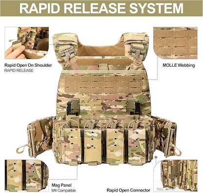 Quick Release Tactical Vest, Adjustable Breathable Weighted Vest for Men, Strong Tensile Lightweight Molle Vest 1000D Nylon for Duty Hunting Gaming