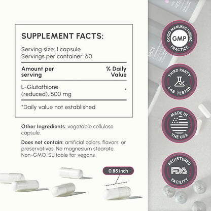 Pure L-Glutathione 500mg – L-Glutathione Supplement for Skin Whitening, Antioxidant Support & Detox – 2-Month Supply for Healthy Skin & Immune Boost - 60 Capsules