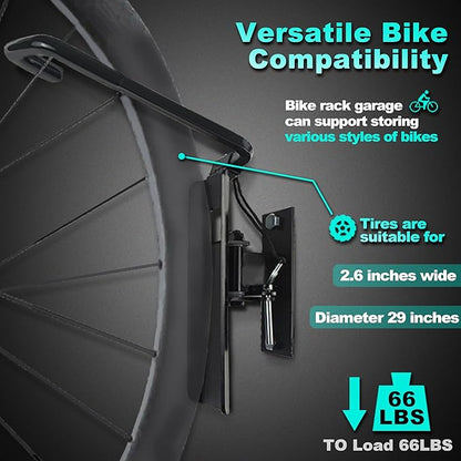 Swivel Bike Rack Garage Wall Mount, Bike Hangers for Garage, Wall Mount Bikes Racks, Space Saving Wall Bike Racks, Vertical Bike Rack Holds up to 66lbs, 90° Swivel Design, 2 Pack