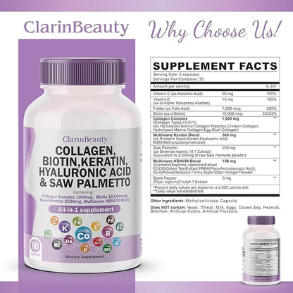 100% Natural Collagen Pills 1000mg Biotin 10000mcg Keratin Saw Palmetto 2500mg Hyaluronic Acid & Pumpkin Seed with Vitamin C and Vitamin E