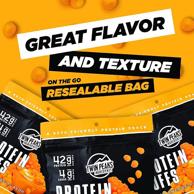 Twin Peaks Low Carb, Keto Friendly Protein Puffs, (Nacho Cheese), 2 Servings, 3 Pack (60g, 42g Protein, 4g Carbs)