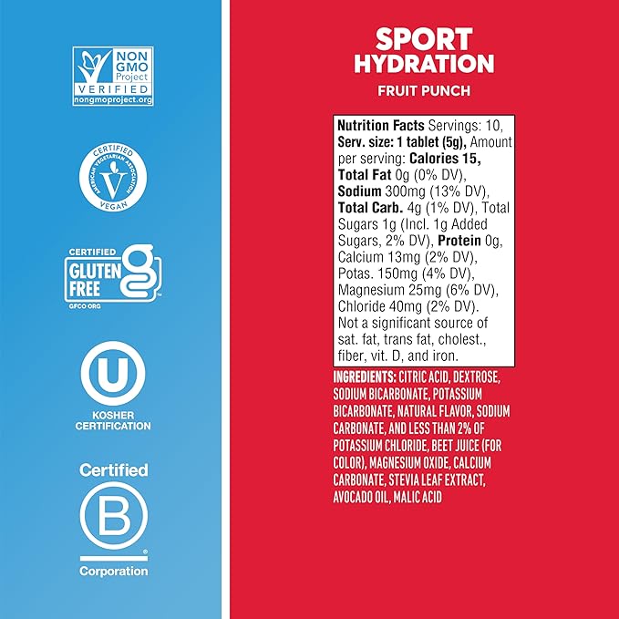 Nuun Sport Electrolyte Tablets - Dissolvable in Water, Fruit Punch, 5 Essential Electrolytes for Hydration, 1g Sugar Drink Mix, Vegan, Non-GMO, 4 Pack (40 Total Servings)