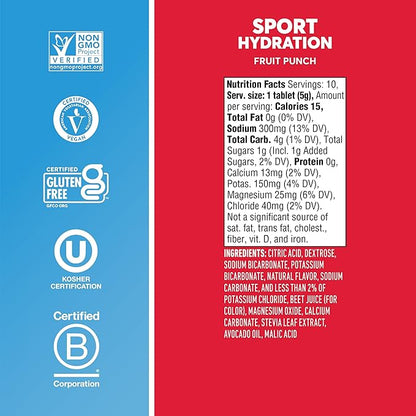 Nuun Sport Electrolyte Tablets - Dissolvable in Water, Fruit Punch, 5 Essential Electrolytes for Hydration, 1g Sugar Drink Mix, Vegan, Non-GMO, 4 Pack (40 Total Servings)