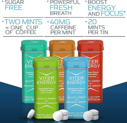 Viter Energy 40mg Caffeine Mints, Sugar Free, B Vitamins, Vegan, Energy & Focus Nootropic Supplement (Variety Flavors, 20pcs, 5 Pack, 100pcs Total)