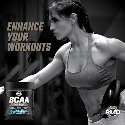PMD Sports BCAA Charged Delicious Amino Acid Drink Mix for Performance, Recovery, Endurance, and Hydration - Increase Muscle Function for Workout and Daily Energy – Blue Snow Cone (30 Servings)