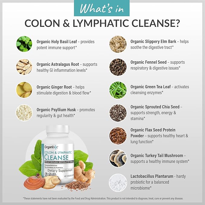 Organixx Lymphatic & Colon Cleanse Supplement with 250 Million CFU Probiotics for Gut Health for Women & Men, Digestive Support, Lymphatic System, Gluten Free, Non GMO, 60 Vegetarian Capsules