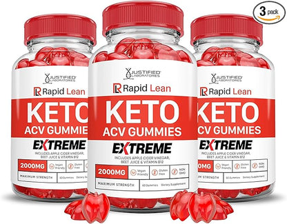 (3 Pack) Rapid Lean Keto ACV Gummies Extreme 2000MG Rapid Lean Keto Gummies Apple Cider Vinegar Formulated with Pomegranate Beet Juice Powder B12 Vegan Non GMO 180 Gummys