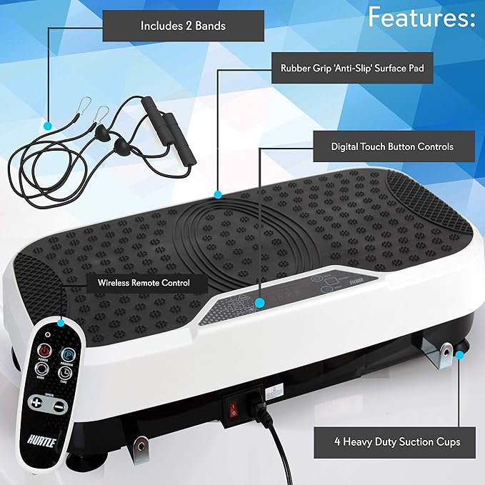 Hurtle Fitness Vibration Platform Machine - Home Gym Whole Body Shaker Exercise Machine Workout Trainer Fast Weight Loss w/Resistance Bands Easy Carry Wheel Remote Adjustable Speed