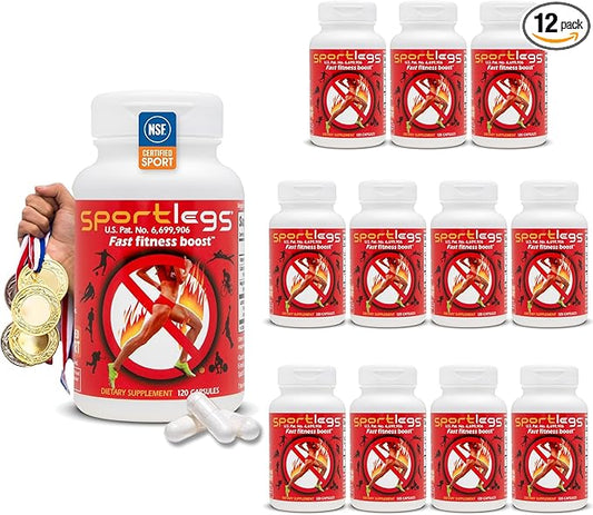 SPORTLEGS Fast Fitness Boost Pre Workout Lactic Acid Supplement, Sports Endurance Fuel - NSF Certified for Sport,120-Capsule Bottle, Pack of 12