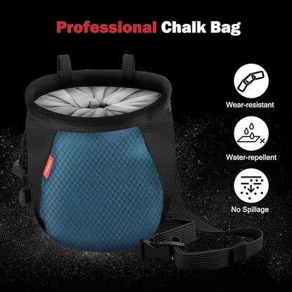 MoKo Rock Climbing Chalk Bag, Bouldering Chalk Pot Bucket with Adjustable Belt & Carabiner Drawstring Climbing Gear