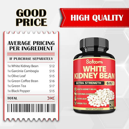6 in 1 White Kidney Bean Extract Capsules -90 Capsules -3 Month Supply - Extra Blend with Olive Leaf, Green Coffee Bean & Green Tea - Support Carb Scale Down
