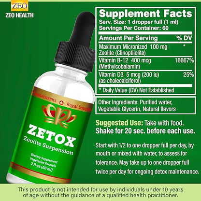 ZETOX | Zeolite Detox for Kids and Adults | Enhanced with Methyl Vitamin B12 and D3 | Premium Grade Liquid Clinoptilolite Zeolite Drops | Supports Gentle Daily Detox, Energy, and Focus (60 Servings)