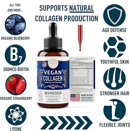 Vegan Collagen Builder Liquid Supplement - Collagen Booster with Vitamin C, Biotin, Hyaluronic Acid & Amino Acids - Vegetarian Collagen for Women, Organic Fruit & Vegetable Blend - 120ml, 60 Day
