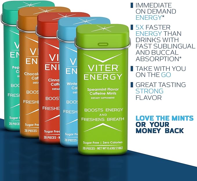 Viter Energy 40mg Caffeine Mints, Sugar Free, B Vitamins, Vegan, Energy & Focus Nootropic Supplement (Variety Flavors, 20pcs, 5 Pack, 100pcs Total)