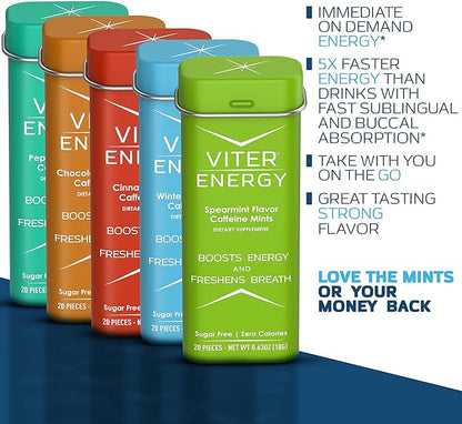 Viter Energy 40mg Caffeine Mints, Sugar Free, B Vitamins, Vegan, Energy & Focus Nootropic Supplement (Variety Flavors, 20pcs, 5 Pack, 100pcs Total)