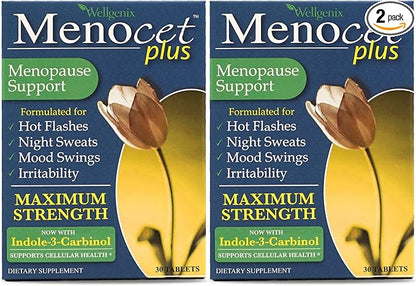 Wellgenix Menocet Plus Menopause Support - All-in-One Menopause Supplement - Daily Relief Feminine Care - Hot Flashes, Night Sweats, Mood Swings & Irritability - 30 Tablets (Pack of 2)
