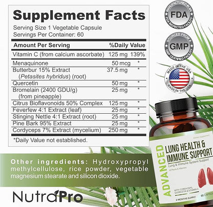 Lung Health & Immune Support Supplement - Lung Cleanse and Detox With Immunity Vitamins For Better Lungs, Immune Defense, Clear Lungs & Deep Breathing Including Quercetin & Cordyceps.Two Months Supply