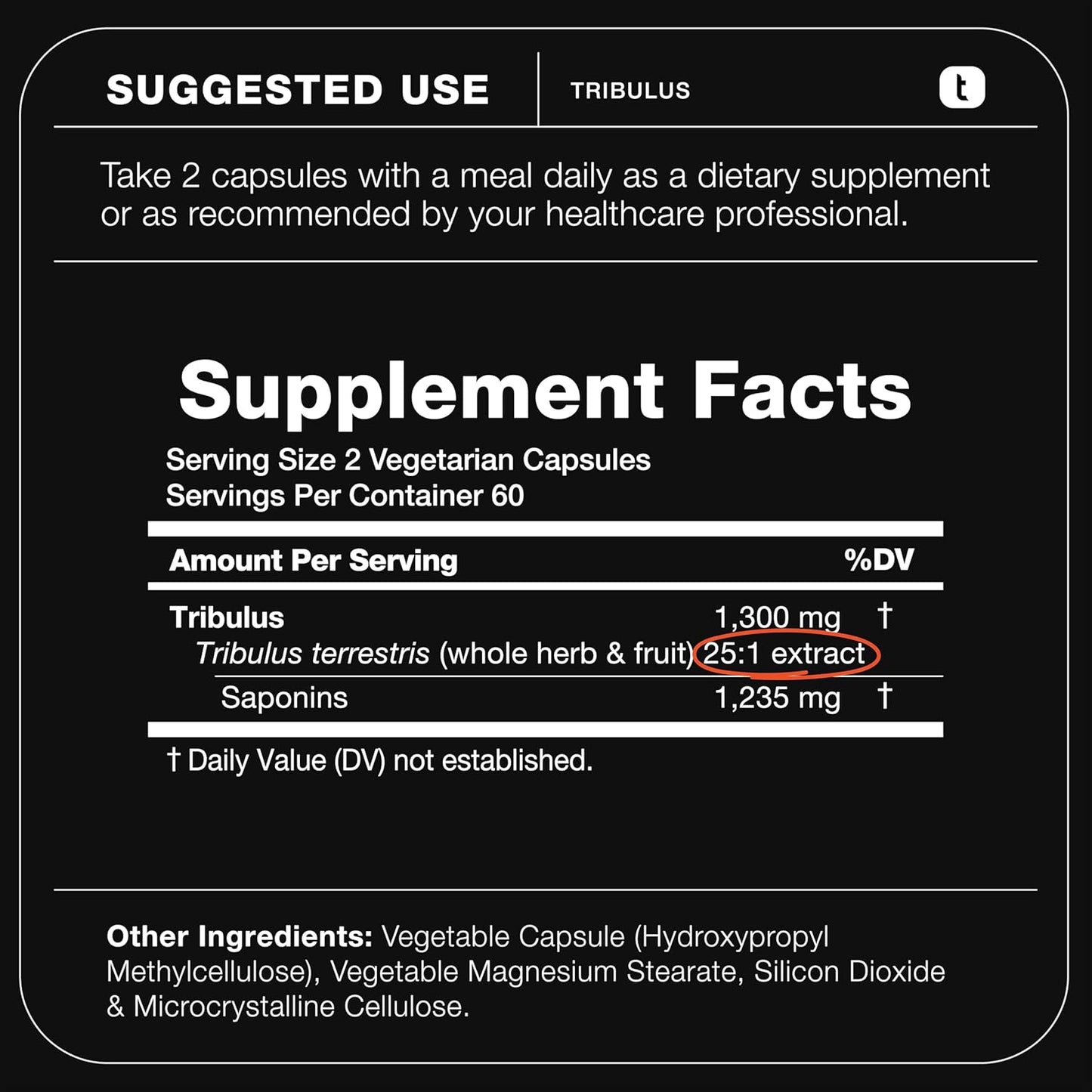 Tribulus Terrestris for Men - Ultra High Potency 25:1 Extract with 95% Saponins - 1300mg Pure & Concentrated Formula - Third-Party Lab Tested for Purity & Quality - 120 Capsules