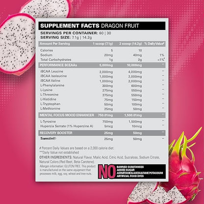 EHP Labs Beyond BCAA Powder Amino Acids Post Workout Recovery - BCAAs Essential Amino Acids EAA Supplements Powder - 10g Amino Acids Supplement for Muscle Recovery, 60 Servings (Dragon Fruit)