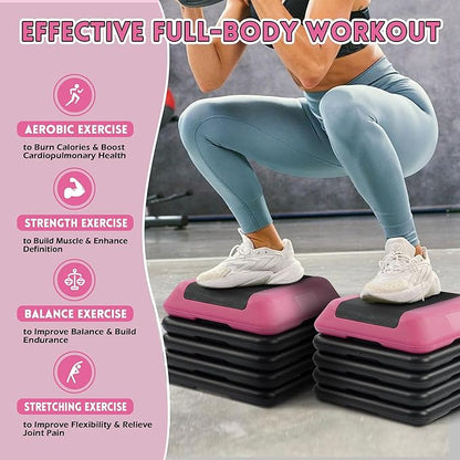 Step Aerobic Platform, Exercise Step with 5 levels Adjustable Height, 4 Stackable Risers, Fitness Training Workout Stepper for Home Gym, Cardio Strength, Multiple Options