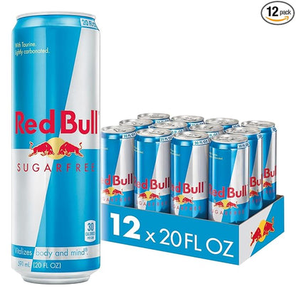 Red Bull Sugar Free Energy Drink with 189mg Caffeine plus Taurine & B Vitamins, 20 Fl Oz, Pack of 12 Cans