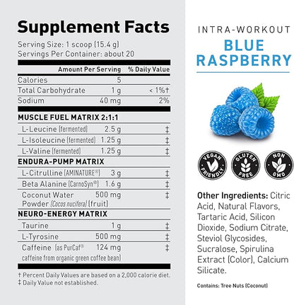 Kaged Intra-Workout Powder In-Kaged BCAAs, L-Citrulline & Beta-Alanine for Endurance 124mg Organic PurCaf Caffeine Coconut Water Powder 20 Servings Blue Raspberry